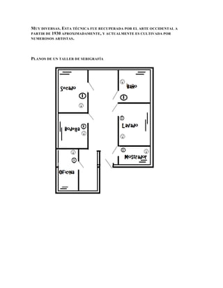 MUY DIVERSAS. ESTA TÉCNICA FUE RECUPERADA POR EL ARTE OCCIDENTAL A
PARTIR DE 1930 APROXIMADAMENTE , Y ACTUALMENTE ES CULTIVADA POR
NUMEROSOS ARTISTAS .




PLANOS DE UN TALLER DE SERIGRAFÍA
 