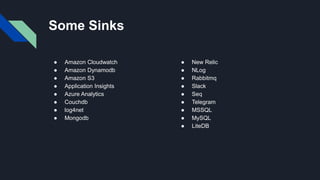 Some Sinks
● Amazon Cloudwatch
● Amazon Dynamodb
● Amazon S3
● Application Insights
● Azure Analytics
● Couchdb
● log4net
● Mongodb
● New Relic
● NLog
● Rabbitmq
● Slack
● Seq
● Telegram
● MSSQL
● MySQL
● LiteDB
 