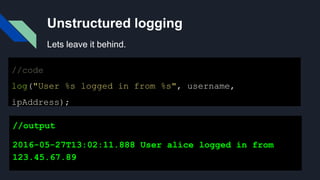 Unstructured logging
//code
log("User %s logged in from %s", username,
ipAddress);
//output
2016-05-27T13:02:11.888 User alice logged in from
123.45.67.89
Lets leave it behind.
 