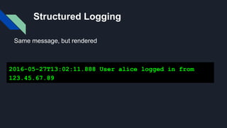 Structured Logging
2016-05-27T13:02:11.888 User alice logged in from
123.45.67.89
Same message, but rendered
 