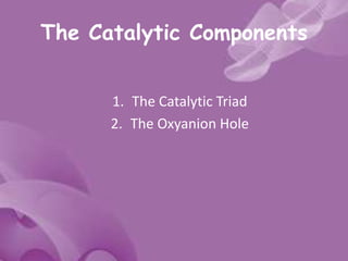 The Catalytic Components
1. The Catalytic Triad
2. The Oxyanion Hole
 