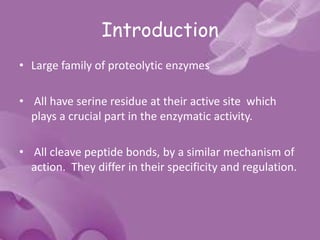 Introduction
• Large family of proteolytic enzymes
• All have serine residue at their active site which
plays a crucial part in the enzymatic activity.
• All cleave peptide bonds, by a similar mechanism of
action. They differ in their specificity and regulation.
 