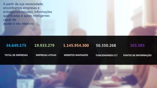 A partir da sua necessidade,
encontramos empresas e
entregamos estudos, informações
qualificadas e ações inteligentes
capaz de
ajudar o seu negócio.
34.649.175
TOTAL DE EMPRESAS
19.933.279
EMPRESAS ATIVAS
1.145.954.300
WEBSITES MAPEADOS
50.350.268
FUNCIONÁRIOS CLT
305.985
FONTES DE INFORMAÇÃO
 