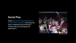 Social Play
Players explore the relationships between
the self, others and groups, interacting with
others, establishing and maintaining a
common play area, and playing and
exploring in it.
Photo Credit: Eli Duke
 