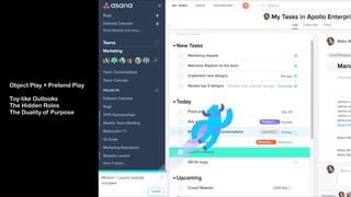 Object Play + Pretend Play 
 
Toy-like Outlooks 
The Hidden Roles
The Duality of Purpose
 