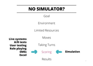 NO SIMULATOR?
29
Goal
Environment
Limited Resources
Moves
Taking Turns
Scoring
Results
Simulation
Live systems
A/B tests
User testing
Role playing
SMEs
Excel
 