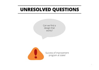UNRESOLVED QUESTIONS
8
Can we ﬁnd a
design that
works?
Success of improvement
program at stake!
 