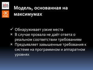 Модель, основанная на
максимумах
 Обнаруживает узкие места
 В случае провала не даёт ответа о
реальном соответствии требованиям
 Предъявляет завышенные требования к
системе на программном и аппаратном
уровнях
 