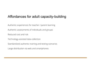 Affordances for adult capacity-building
Authentic experiences for teacher / parent learning
Authentic assessments of indiv...