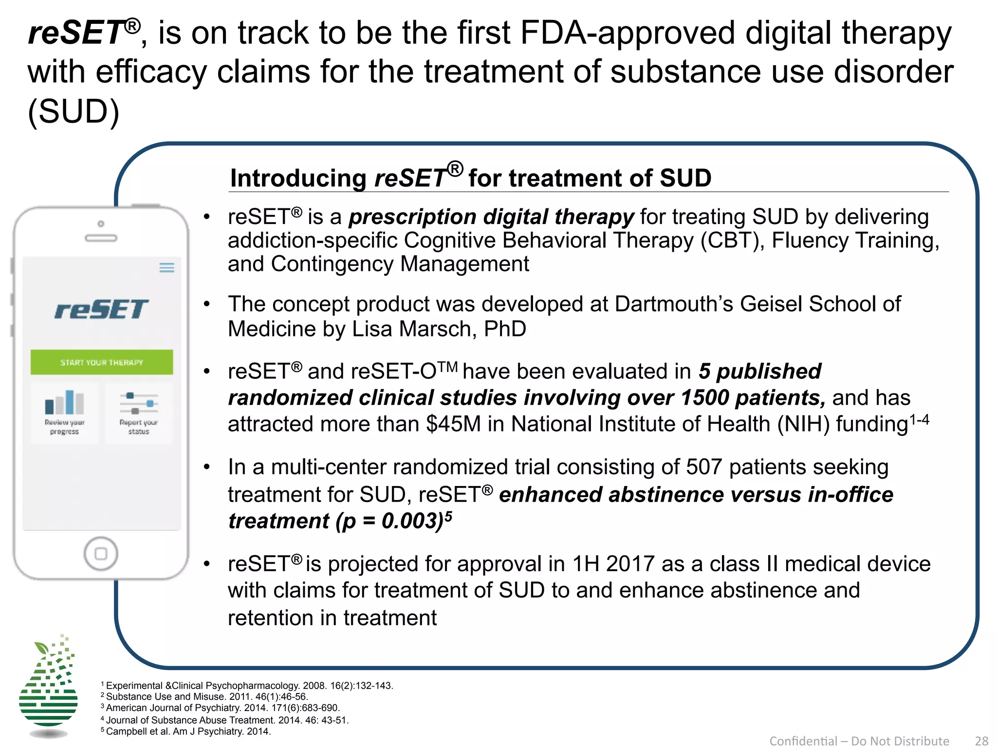 reSET®, is on track to be the first FDA-approved digital therapy
with efficacy claims for the treatment of substance use disorder
(SUD)
Introducing reSET® for treatment of SUD
•  reSET® is a prescription digital therapy for treating SUD by delivering
addiction-specific Cognitive Behavioral Therapy (CBT), Fluency Training,
and Contingency Management
•  The concept product was developed at Dartmouth’s Geisel School of
Medicine by Lisa Marsch, PhD
•  reSET® and reSET-OTM have been evaluated in 5 published
randomized clinical studies involving over 1500 patients, and has
attracted more than $45M in National Institute of Health (NIH) funding1-4
•  In a multi-center randomized trial consisting of 507 patients seeking
treatment for SUD, reSET® enhanced abstinence versus in-office
treatment (p = 0.003)5
•  reSET® is projected for approval in 1H 2017 as a class II medical device
with claims for treatment of SUD to and enhance abstinence and
retention in treatment
1 Experimental &Clinical Psychopharmacology. 2008. 16(2):132-143.
2 Substance Use and Misuse. 2011. 46(1):46-56.
3 American Journal of Psychiatry. 2014. 171(6):683-690.
4 Journal of Substance Abuse Treatment. 2014. 46: 43-51.
5 Campbell et al. Am J Psychiatry. 2014.
Conﬁden'al	
  –	
  Do	
  Not	
  Distribute	
   28	
  
 