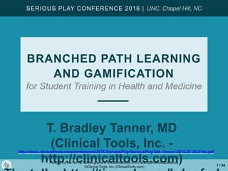 Funded by the NIH & NIAAA grants #1R43AA020456-01A1 and #2R44AA020456-02
©Clinical Tools, Inc. (ClinicalTools.com) 1 / 54
BRANCHED PATH LEARNING
AND GAMIFICATION
for Student Training in Health and Medicine
T. Bradley Tanner, MD
(Clinical Tools, Inc. -
http://clinicaltools.com)
SERIOUS PLAY CONFERENCE 2016 | UNC, Chapel Hill, NC
http://docs.clinicaltools.com/conference/2016-SeriousPlay/SeriousPlayTalk-Tanner-2016-07-26-01bt.pdf
 