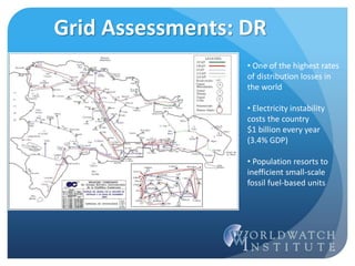 Grid Assessments: DR
• One of the highest rates
of distribution losses in
the world
• Electricity instability
costs the country
$1 billion every year
(3.4% GDP)
• Population resorts to
inefficient small-scale
fossil fuel-based units
 