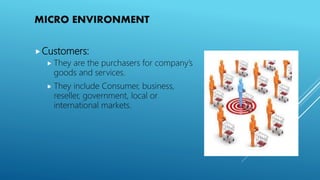 MICRO ENVIRONMENT
Customers:
 They are the purchasers for company’s
goods and services.
 They include Consumer, business,
reseller, government, local or
international markets.
 