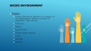 MICRO ENVIRONMENT
 Publics:
 Group that has an interest in or impact on
an organization's ability to achieve its
objectives. They can be:
 Financial
 Media
 Government
 Citizen-action groups
 Local
 General
 Internal
 