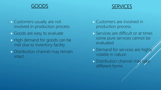 GOODS
 Customers usually are not
involved in production process
 Goods are easy to evaluate
 High demand for goods can be
met due to inventory facility
 Distribution channel may remain
intact
SERVICES
 Customers are involved in
production process
 Services are difficult or at times
some pure services cannot be
evaluated
 Demand for services are highly
volatile in nature
 Distribution channel may take
different forms
 