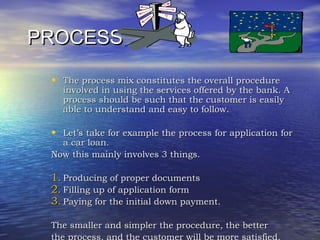 PROCESSPROCESS
• The process mix constitutes the overall procedureThe process mix constitutes the overall procedure
involved in using the services offered by the bank. Ainvolved in using the services offered by the bank. A
process should be such that the customer is easilyprocess should be such that the customer is easily
able to understand and easy to follow.able to understand and easy to follow.
• Let’s take for example the process for application forLet’s take for example the process for application for
a car loan.a car loan.
Now this mainly involves 3 things.Now this mainly involves 3 things.
  
1.1. Producing of proper documentsProducing of proper documents
2.2. Filling up of application formFilling up of application form
3.3. Paying for the initial down payment.Paying for the initial down payment.
The smaller and simpler the procedure, the betterThe smaller and simpler the procedure, the better
the process, and the customer will be more satisfied.
 