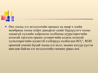 Өөх тосны хэт исэлдэлтийн процесс нь ямар ч эсийн мембраны тосны хоёрч давхаргат үеийг бүрдүүлэгч тосны ханаагүй хүчлийн хоёрлосон холбооны нүүрстөрөгчийн атомтай зэрэгцэн орших устөрөгчийн аллиль атомтай хүчилтөрөгчийн идэвхтэй хэлбэрүүд холбогдон RO 2 0  , ROH ерөнхий томъёо бүхий тосны хэт исэл, чөлөөт язгуур үүсгэн явагдаж байгаа хэт исэлдэлтийн гинжин урвал юм.  