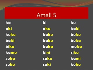 Amali 5
ka ki ku
aki aku kaki
kuku kaku buku
baki baku buka
biku baka muka
kamu kini siku
suka saku kami
suku saki kubu
 