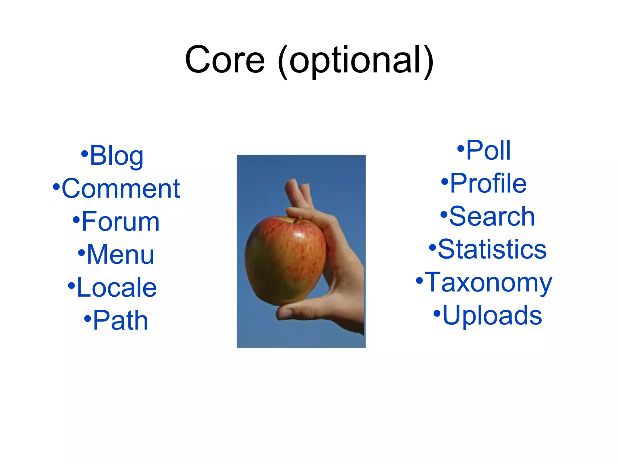 Core (optional) Blog  Comment Forum Menu Locale  Path Poll  Profile  Search Statistics Taxonomy  Uploads 