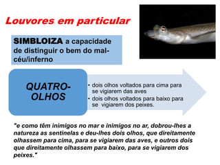 Louvores em particular
• dois olhos voltados para cima para
se vigiarem das aves
• dois olhos voltados para baixo para
se vigiarem dos peixes.
QUATRO-
OLHOS
"e como têm inimigos no mar e inimigos no ar, dobrou-lhes a
natureza as sentinelas e deu-lhes dois olhos, que direitamente
olhassem para cima, para se vigiarem das aves, e outros dois
que direitamente olhassem para baixo, para se vigiarem dos
peixes."
SIMBLOIZA a capacidade
de distinguir o bem do mal-
céu/inferno
 