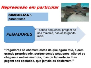 Repreensão em particular
• - sendo pequenos, pregam-se
nos maiores, não os largando
maisPEGADORES
"Pegadores se chamam estes de que agora falo, e com
grande propriedade, porque sendo pequenos, não só se
chegam a outros maiores, mas de tal sorte se lhes
pegam aos costados, que jamais os desferram."
SIMBOLIZA o
parasitismo
 