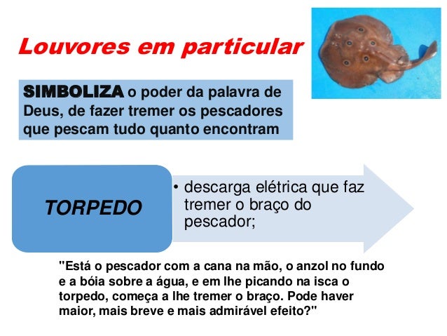 Louvores em particular
â€¢ descarga elÃ©trica que faz
tremer o braÃ§o do
pescador;
TORPEDO
"EstÃ¡ o pescador com a cana na mÃ£o,...