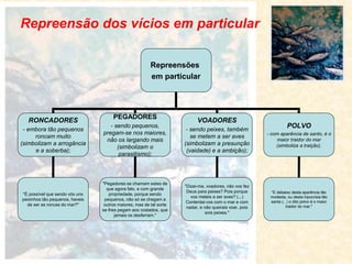 Repreensão dos vícios em particular
Repreensões
em particular
RONCADORES
- embora tão pequenos
roncam muito
(simbolizam a arrogância
e a soberba);
PEGADORES
- sendo pequenos,
pregam-se nos maiores,
não os largando mais
(simbolizam o
parasitismo);
POLVO
- com aparência de santo, é o
maior traidor do mar
(simboliza a traição).
VOADORES
- sendo peixes, também
se metem a ser aves
(simbolizam a presunção
(vaidade) e a ambição);
"É possível que sendo vós uns
peixinhos tão pequenos, haveis
de ser as roncas do mar?"
"Pegadores se chamam estes de
que agora falo, e com grande
propriedade, porque sendo
pequenos, não só se chegam a
outros maiores, mas de tal sorte
se lhes pegam aos costados, que
jamais os desferram."
"Dizei-me, voadores, não vos fez
Deus para peixes? Pois porque
vos meteis a ser aves? (...)
Contentai-vos com o mar e com
nadar, e não queirais voar, pois
sois peixes."
"E debaixo desta aparência tão
modesta, ou desta hipocrisia tão
santa (...) o dito polvo é o maior
traidor do mar."
 