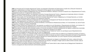 1936 Las funciones de la Comisión Nacional de Turismo, las absorbió la Secretaría de Gobernación a través de su Dirección General de
Población, publicándose en el Diario Oficial de la Federación el 29 de agosto, la Ley correspondiente.
1937 El 21 de mayo se publicó el Reglamento de la Ley General de Población, dándose a conocer la creación de un Departamento de Turismo,
zonificándose el país en 15 regiones de interés turístico.
1939 Por acuerdo presidencial del 21 de diciembre, se fundó el Consejo Nacional de Turismo, integrado por el patronato oficial, la Comisión
Nacional de Turismo y las Comisiones Locales de Turismo, tanto a nivel estatal como municipal.
1947 De nueva cuenta, el 27 de diciembre se conformó la Comisión Nacional de Turismo, integrada por un Consejo Nacional y un Comité
Ejecutivo, cuyas atribuciones fueron similares a los organismos anteriores.
1949 Se publicó en el Diario Oficial de la Federación el 31 de diciembre, la derogación del "Decreto de Creación de la Comisión Nacional de
Turismo", promulgándose la Ley Federal de Turismo en esa misma fecha.
1956 Para dar impulso al desarrollo de los proyectos tendientes a incrementar la infraestructura turística, el 13 de diciembre, se creó el Fondo
de Garantía y Fomento al Turismo (FOGATUR).
1958 En el Diario Oficial de la Federación del 31 de diciembre, se publicó la Ley de Secretarías y Departamentos de Estado, en el artículo 18,
se definen las atribuciones del Departamento de Turismo de nueva creación, dependiendo directamente del Ejecutivo Federal.
1959 Para alentar el desarrollo de la actividad turística, el 6 de junio se publicó un decreto estableciendo los lugares y poblaciones nacionales
de interés turístico, a fin de que el Departamento de Turismo realizara los estudios en la materia.
1961 El 1º. de marzo se publicó en el Diario Oficial de la Federación la Ley Federal de Turismo, la cual dispuso que el Departamento de
Turismo sería el encargado de aplicar dicha Ley, así como su Reglamento.
1974 Con el nuevo enfoque y un contenido similar al de la actual legislación, el 28 de enero se publicó la Ley Federal de Fomento al Turismo y
congruentemente con dicho ordenamiento, el 27 de diciembre se publicó el decreto que elevó a rango de Secretaría de Estado al Departamento
de Turismo, otorgándole una mayor estructura capaz de atender sus nuevas atribuciones, así como mayores recursos presupuestales,
destinados a la planeación y desarrollo de la actividad turística.
1977 El 17 de enero por acuerdo publicado en el Diario Oficial de la Federación se designó a la Secretaría de Turismo, cabeza del sector.
1978 Quedó a cargo de la Secretaría de Turismo, la elaboración de estudios, mensajes e imagen sobre la oferta turística nacional, dado el
acuerdo publicado en el Diario Oficial de la Federación el 5 de abril.
1979 Con base en los estudios iniciados el año anterior, la Secretaría de Turismo llevó a cabo a través de sus Delegaciones Federales de
Turismo, el programa de desconcentración administrativa general.
 