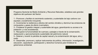 Programa Sectorial de Medio Ambiente y Recursos Naturales, establece seis grandes
objetivos del quehacer del Sector:
1.- Promover y facilitar el crecimiento sostenido y sustentable de bajo carbono con
equidad y socialmente incluyente;
2.- Incrementar la resiliencia a efectos del cambio climático y disminuir las emisiones de
compuestos y gases de efecto invernadero.
3.- Fortalecer la gestión integral y sustentable del agua, garantizando su acceso a la
población y a los ecosistemas;
4.- Recuperar la funcionalidad de cuencas y paisajes a través de la conservación,
restauración y aprovechamiento sustentable del patrimonio natural
5.- Detener y revertir la pérdida de capital natural y la contaminación del agua, aire y
suelo
6.- Desarrollar, promover y aplicar instrumentos de política, información, investigación,
educación, capacitación, participación y derechos humanos para fortalecer la
gobernanza ambiental.
 