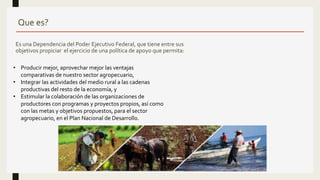 Es una Dependencia del Poder Ejecutivo Federal, que tiene entre sus
objetivos propiciar el ejercicio de una política de apoyo que permita:
Que es?
• Producir mejor, aprovechar mejor las ventajas
comparativas de nuestro sector agropecuario,
• Integrar las actividades del medio rural a las cadenas
productivas del resto de la economía, y
• Estimular la colaboración de las organizaciones de
productores con programas y proyectos propios, así como
con las metas y objetivos propuestos, para el sector
agropecuario, en el Plan Nacional de Desarrollo.
 