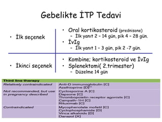 Gebelikte İTP Tedavi
• İlk seçenek
• İkinci seçenek
• Oral kortikosteroid (prednisone)
– İlk yanıt 2 – 14 gün, pik 4 – 28 gün.
• İvIg
– İlk yanıt 1 – 3 gün, pik 2 -7 gün.
• Kombine; kortikosteroid ve İvIg
• Splenektomi( 2.trimester)
– Düzelme 14 gün
 