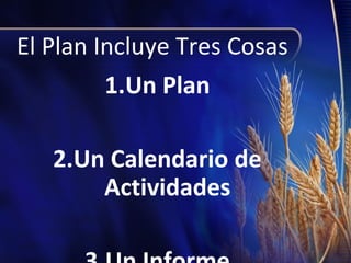 El Plan Incluye Tres Cosas
1.Un Plan
2.Un Calendario de
Actividades

 