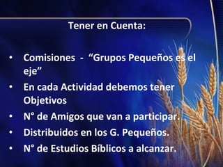 Tener en Cuenta:
• Comisiones - “Grupos Pequeños es el
eje”
• En cada Actividad debemos tener
Objetivos
• N° de Amigos que van a participar.
• Distribuidos en los G. Pequeños.
• N° de Estudios Bíblicos a alcanzar.

 