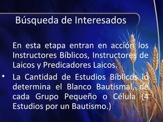 Búsqueda de Interesados
En esta etapa entran en acción los
Instructores Bíblicos, Instructores de
Laicos y Predicadores Laicos.
• La Cantidad de Estudios Bíblicos lo
determina el Blanco Bautismal, de
cada Grupo Pequeño o Célula (4
Estudios por un Bautismo.)

 