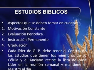 ESTUDIOS BIBLICOS
•
1.
2.
3.
4.
•

Aspectos que se deben tomar en cuenta:
Motivación Constante
Evaluación Periódica.
Instrucción Permanente.
Graduación.
Cada líder de G. P. debe tener el Control de
los Estudios que tienen los miembros de su
Célula y el Anciano recibe la lista de cada
Líder en la reunión semanal y mantiene el

 