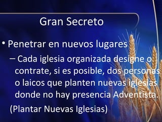 Gran Secreto
• Penetrar en nuevos lugares
– Cada iglesia organizada designe o
contrate, si es posible, dos personas
o laicos que planten nuevas iglesias
donde no hay presencia Adventista.
(Plantar Nuevas Iglesias)

 