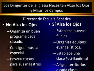 Los Dirigentes de la Iglesia Necesitan Alzar los Ojos
y Mirar los Campos
Director de Escuela Sabática

• No Alza los Ojos
– Organiza un buen
programa cada
sábado.
– Consigue música
especial.
– Provee cursos
para sus maestros.

• Sí Alza los Ojos
– Establece nuevas
filiales.
– Organiza equipos
evangelísticos.
– Establece una
clase Post-Bautismal
– Asigna territorios

 
