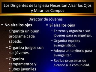 Los Dirigentes de la Iglesia Necesitan Alzar los Ojos
y Mirar los Campos
Director de Jóvenes
• No alza los ojos
• Sí alza los ojos
– Entrena y organiza a sus
– Organiza un buen
jóvenes para evangelizar.
programa cada
– Organiza equipos
sábado.
evangelísticos.
– Organiza juegos con
– Adopta un territorio para
sus jóvenes.
evangelizar.
– Organiza
– Realiza programas de
campamentos y
alcance a la comunidad.
clubes juveniles

 