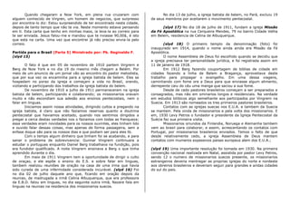 Quando chegaram a Now York, em plena rua cruzaram com                    No dia 13 de julho, a igreja batista de belem, no Pará, excluiu 19
alguem conhecido de Virgren, um homem de negocios, que surpresso          de seus membros por aceitarem o movimento pentecostal.
por encontra-lo diz: Estou surpreendido de ter encontrado nesta cidade,
depois de tanto tempo que não te via. Neste momento estava pensando             (slyd 17) No dia 18 de julho de 1911, fundam a igreja Missão
em ti. Esta carta que tenho em minhas maos, ia leva-la ao correio para    da Fé Apostólica na rua Cerqueira Mendes, 79 no bairro Cidade Velha
te ser enviada. Jesus falou-me e mandou que te nviasse 90,00$, é isto     em Belem, residencia de Celina de Albuquerque.
que esta na carta. Uma vez que encontrei já não preciso envia-la pelo
correio.                                                                         (slyd 18) O primeiro templo da denominação (foto) foi
                                                                          inaugurado em 1914, quando o nome ainda ainda era Missão da Fé
Partida para o Brasil (Parte 5) Ministrado por: Pb. Reginaldo F.          Apostólica.
(slyd 15)                                                                        O nome Assembleia de Deus foi escolhido quando se decidiu que
                                                                          a igreja precisava ter personalidade jurídica, e foi registrada assim em
       O fato é que em 05 de novembro de 1910 partem Virgrern e           11 de janeiro de 1918.
Berg de Now York e no dia 19 do mesmo mês chegam a Belém. Por                    Em 1912 Berg fazendo couportagem de biblias de cidade em
meio de um anuncio de um jornal vão ao encontro do pastor metodista,      cidades fazendo a linha de Belem a Bragança, aproveitava deste
que por sua vez os encaminha para a igreja batista de belem. Eles se      trabalho para propagar o evangelho. Em uma dessa viagens,
hospedam no porao da igreja e começam a vida no Brasil, orando,           caminhando com fome ora a Deus para que enviasse algum alimento,
vizitando e participando dos trabalhos da igreja batista do belem.        derrepente caiu do céu uma manga que saciou a sua fome.
       De novembro de 1910 a julho de 1911 permaneceram na igreja                Desde de cedo pastores brasileiros começam a ser preparados e
batista de belem, participando e colaborando; os missionarios oravam      consagrados, mas não em sminarios longos e residenciais. Na verdade
muito e não escondiam sua adesão aos ensinos pentecostais, nem o          em estudos bilibicos algo semelhante aos participados por Vingrern na
falar em linguas.                                                         Suecia. Em 1913 são nomeados os tres primeiros pastores brasileiros.
       Iniciamos assim nossa atividades, dirigindo cultos e pregando na          Contatos com as igrejas suecas nos E.U.A. e tambem da Suecia
igreja batista, é claro que não faziamos reservas quanto a doutrina       se mantem. Pela vinda de missionarios e pela volta dos missionarios. E
pentecostal que haviamos aceitado, quando nos sentimos dirigidos a        em, 1930 Levy Petros o fundador e presidente da Igreja Pentecostal da
pregar a cerca destas verdades nos o faziamos com todas as franqueza;     Suécia faz sua primeira visita.
essa verdades eram novidades para os nossos ouvintes, eles tinham lido           Missionarios oriundos da Finlandia, Noruega e Alemanha tambem
e ouvido falar dessas coisas, mas apenas de forma passageira, sem a       vem ao brasil para colaborar, e assim, acrescentando os contatos com
enfase doque são para os nossos dias e que podiam ser para eles tb.       Portugal, por missionarios brasileiros enviados. Temos o falto de que
       Com o tempo algum dinheiro que tinham foi se acabando, e para      desde relativamente cedo, a igreja Assembleia de Deus mantem
sanar o problema de sobrevivencia: Gunnar Vingrern continuara a           contatos com inumeros expessivos paises europeus alem dos E.U.A.;
estudar o portugues enquanto Daniel Berg trabalhava na fundição, pois
era fundidor qualificado. A noite Vingrern ensinava a Berg o que tinha    (slyd 19) Uma importante resolução foi tomada em 1930. Na primeira
aprendido durante o dia.                                                  convenção nacional realizada em Natal, assistida por pastor Levy Petros,
       Em maio de 1911 Vingrern tem a oportunidade de dirigir o culto     sendo 12 o numero de missionarios suecos presente, os missionarios
de oraçao, e ele espõe o ensino do E.S. e sobre falar em linguas,         estrangeiros deveria mentregar as proprias igrejas do norte e nordeste
tambem realizou reuniões de oração na casa de uma irma que havia          aos obreiros brasileiros e deveriam seguir para grandes e aridas cidades
sido curada de uma infermidade considerada incurável. (slyd 16) Foi       do sul do pais.
no dia 02 de julho daquele ano que, ficando em oração depois da
reuniao, de madrugada a irmã Celina Albuquerque, que era professora
da E.B.D. falou em linguas, no dia seguinte outra irmã, Nazare fala em
linguas na reuniao na residencia dos missionarios suecos.
 