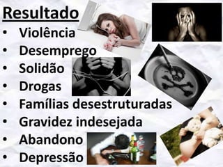 Resultado
•
•
•
•
•
•
•
•

Violência
Desemprego
Solidão
Drogas
Famílias desestruturadas
Gravidez indesejada
Abandono
Depressão

 