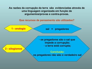 As razões da corrupção da terra são evidenciadas através de 
uma linguagem organizada em função de 
argumentos/provas e contra-provas. 
Que recursos de pensamento são utilizados? 
1 - analogia sal = pregadores 
2 - silogismos 
- os pregadores são o sal que 
impede a corrupção; 
- a terra está corrupta; 
Conclusão: 
os pregadores não são o verdadeiro sal 
 