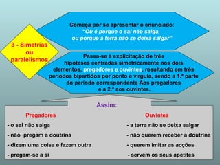 Começa por se apresentar o enunciado: 
“Ou é porque o sal não salga, 
ou porque a terra não se deixa salgar” 
Passa-se à explicitação de três 
hipóteses centradas simetricamente nos dois 
elementos, pregadores e ouvintes, resultando em três 
períodos bipartidos por ponto e vírgula, sendo a 1.ª parte 
do período correspondente Aos pregadores 
e a 2.ª aos ouvintes. 
3 - Simetrias 
ou 
paralelismos 
Assim: 
Pregadores Ouvintes 
- o sal não salga - a terra não se deixa salgar 
- não pregam a doutrina - não querem receber a doutrina 
- dizem uma coisa e fazem outra - querem imitar as acções 
- pregam-se a si - servem os seus apetites 
 