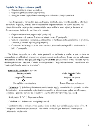 8
Capítulo IV (Repreensão em geral)
o Os peixes comem-se uns aos outros;
o Os peixes grandes comem os pequenos;
o São ignorantes e cegos, deixando-se enganar facilmente por qualquer isco.
Nos dez primeiros parágrafos, que constituem o ponto alto deste sermão, aponta-se o terrível
defeito que os peixes/homens têm de se comerem (explorarem) uns aos outros devido à sua
cobiça desmedida, o que prova a sua crueldade, a sua maldade, a sua injustiça. Também se
deixam enganar facilmente, movidos pela vaidade.
o Os grandes comem os pequenos (1º parágrafo)
o Andam sempre à procura de como se hão-de comer (2º parágrafo)
o Comem-se os mortos (comem-no, entre outros, os herdeiros, os testamenteiros, os credores,
a mulher, o coveiro, o padre) (3º parágrafo)
o Comem-se os vivos (p.ex., a um réu comem-no o carcereiro, o inquiridor, a testemunha, o
juiz) (4º parágrafo)
No último parágrafo, o orador tenta persuadir o auditório a mudar a sua conduta de
antropafagia social (vício de se comerem uns aos outros), mostrando que é uma loucura os homens
deixarem-se ir atrás de dois pedaços de pano, por vaidade, gastando nisso toda a sua vida. Aponta
o exemplo de Santo António, o jovem nobre que deixou “as galas do mundo”, trocando-as pela
“sarja e pelo burel e a correia pela corda”.
Paralelismo invertido (ll. 12 e 13):
Santo Agostinho Padre António Vieira
Pregava aos homens Pregava aos peixes
Exemplifica com os peixes Exemplifica com os homens
Polissemia: “(...) ainda o pobre defunto o não comeu a terra [sentido literal – pretérito perfeito
do indicativo – acção pontual e perfectiva (concluída)], e já o tem comido toda a terra [pessoas,
sociedade – pretérito perfeito do conjuntivo – aspeto interactivo (repetição da ação)].
Sertão (selva)  “lá”  Tapuias (canibais)
Cidade  “cá”  brancos – antropofagia social
Os Homens não se comem apenas quando estão mortos, mas também quando estão vivos. 
“São piores os homens que os corvos.” – os corvos são necrófagos da mesma forma que os
Homens são implacáveis.
 