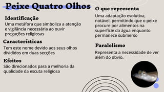 Peixe Quatro Olhos
Identiﬁcação
Uma metáfora que simboliza a atenção
e vigilância necessária ao ouvir
pregações religiosas
Efeitos
São direcionados para a melhoria da
qualidade da escuta religiosa
O que representa
Uma adaptação evolutiva,
notável, permitindo que o peixe
procure por alimentos na
superfície da água enquanto
permanece submerso
Características
Tem este nome devido aos seus olhos
divididos em duas secções
Paralelismo
Representa a necessidade de ver
além do obvio.
 