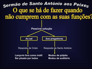 Sermão de Santo António aos Peixes O que se há de fazer quando não cumprem com as suas funções? Possível solução Ao sal Aos pregadores Resposta de Cristo Resposta de Santo António Lança-lo fora como inútil Ser pisado por todos Mudou de púlpito   Mudou de auditório 