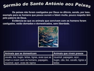 Sermão de Santo António aos Peixes Os peixes não foram castigados por Deus no dilúvio, sendo, por isso, exemplo para os homens que pouco ouvem e falam muito, pouco respeito têm pela palavra de Deus. Evidencia-se que os animais que convivem com os homens foram castigados, estão domados e domesticados, sem liberdade. rouxinol, papagaio, açor, bugio, cão, boi, cavalo, tigres e leões cavalo, boi, bugio, leões, tigres, aves que se criam e vivem com os homens, papagaio, rouxinol, açor, aves de rapina Animais que vivem presos Animais que se domesticam 