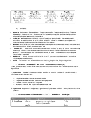 Sto. António
- Abria a boca contra
os hereges.
- Curava a cegueira.
- Lançava fora os
demónios.
Sto. António
- A língua de Sto.
António domou as
paixões humanas.
Sto. António
- 22 pescadores
tremeramao ouvir as
palavras de Sto.
António e
converteram-se.
Pregador
- O peixe ensinou o
pregadora olhar para
cima (Céu) e para
baixo (Inferno).
2.2.1.Recursos:
o Anáforas: Ah homens…Ahmoradores…Quantos,correndo…Quantos,embarcados…Quantos,
navegando…Quantosnanau… A interjeiçãovisaatingirocoração dos ouvintes;arepetiçãodo
pronome indefinidorealizaumaenumeração.
o Gradações:Nau Soberba,NauVingança,NauCobiça,NauSensualidade; "passa a virtudedo
peixezinho,da boca ao anzol,do anzolà linha,da linha à cana e da cana ao braço do pescador."O
sentidoé sempre umaintensificaçãoparamaisou para menos.
o Antíteses:mar/terra,paracima/para baixo,Céu/Inferno.Palavrasde sentidoopostoindicamasduas
direçõesdosermão:peixes - homens,bem - mal.
o Comparações: "… parecia um retrato maritimo deSanto António"; opeixe de Tobias,comumburel e
uma corda, erauma espécie de SantoAntóniodomar:as suas virtudeseramcomoas de Santo
António."…unidoscomo osdois vidrosde umrelógio de areia,":o peixe Quatro-Olhospossuía
grande visãoe precisão.
o Metáforas: "… águias,quesão oslinces do ar; oslinces, quesão as águiasda terra":sentidode
rapideze de visãoexcecional.
o Ironia: "Mas ah sim, que me não lembrava! Eu não prego a vós, prego aos peixes!"
2.3. CAPÍTULO IV – REPREENSÕES EM GERAL - (2.º momentoda Exposição)
"Antes,porém,que vosvades,assimcomoouvistesosvossoslouvores,ouvi tambémagoraasvossas
repreensões."
1ª Repreensão: Os peixes“comem-se”unsaosoutros – Oshomens“comem-se”unsaosoutros. –
“VÓSCOMEIS UNS AOSOUTROS”
o Os peixes/homenscomem-se unsaosoutros.
o Os peixes/homensmaiorescomemosmaispequenos
o Comemnãosó o povomas a suaplebe
o Não sóos comem,mas engolem-nose devoram-nos
2ª Repreensão: A ignorânciadospeixes/A ignorânciae cegueiradoshomens –“NOTÁVELIGNORÂNCIA
E CEGUEIRA”
2.4. CAPÍTULO V – REPREENSÕES EM PARTICULAR - (2.º momentoda Confirmação)
Peixes Defeitos Argumentos Exemplosde homens
Os Roncadores soberba
orgulho
pequenosmasmuitalíngua;
facilmente pescados
Pedro
Golias
 