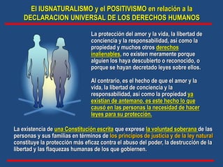 La protección del amor y la vida, la libertad de
conciencia y la responsabilidad, así como la
propiedad y muchos otros derechos
inalienables, no existen meramente porque
alguien los haya descubierto o reconocido, o
porque se hayan decretado leyes sobre ellos.
Al contrario, es el hecho de que el amor y la
vida, la libertad de conciencia y la
responsabilidad, así como la propiedad ya
existían de antemano, es este hecho lo que
causó en las personas la necesidad de hacer
leyes para su protección.
La existencia de una Constitución escrita que exprese la voluntad soberana de las
personas y sus familias en términos de los principios de justicia y de la ley natural
constituye la protección más eficaz contra el abuso del poder, la destrucción de la
libertad y las flaquezas humanas de los que gobiernen.
El IUSNATURALISMO y el POSITIVISMO en relación a la
DECLARACION UNIVERSAL DE LOS DERECHOS HUMANOS
 