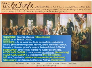 FIDEICOMISO: Nosotros, el pueblo [fideicomitentes]
LUGAR: de los Estados Unidos,
PROPÓSITO: a fin de formar una Unión más perfecta, establecer la
justicia, garantizar la tranquilidad nacional, tender a la defensa común,
fomentar el bienestar general y asegurar los beneficios de la libertad
BENEFICIARIO: para nosotros mismos y a nuestra posterioridad,
ACCIÓN HABILITADORA 1: por la presente promulgamos [declarar la ley]
ACCIÓN HABILITADORA 2: y establecemos [traer a la existencia]
QUÉ: esta Constitución [artículos de incorporación para fideicomiso]
Fideicomisario: para los Estados Unidos de América. [fideicomisario]
 