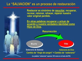 Restaurar es sinónimo de resucitar, recuperar,
recrear, retomar, rehacer, reparar nuestro
valor original perdido.
En otras palabras recuperar y actuar de
acuerdo a nuestra verdadera identidad como
Hijos de Dios.
Resurrección
Vida
Soberanía de Satanás Soberanía de Dios
Cambio de “linaje de sangre” = Cambio de “soberanía”
La “SALVACION” es un proceso de restauración
Muerte
(La palabra “soberanía” aparece 105 veces en el texto del PD)
 